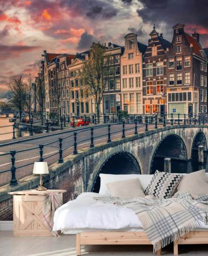 carta da parati amsterdam ponte e case al tramonto