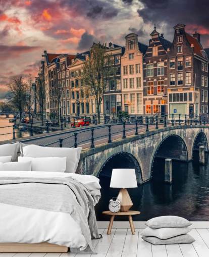 amsterdam brug en huizen bij zonsondergang behang amsterdam brug en huizen bij zonsondergang behang