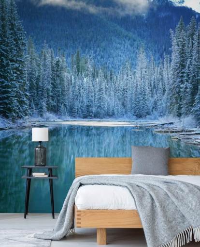 snedækket skov ved sø tapet