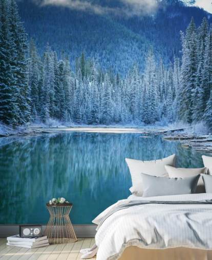 snowy forest by lake wallpaper snowy forest by lake wallpaper