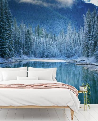 snowy forest by lake wallpaper