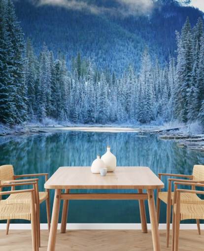 snowy forest by lake wallpaper