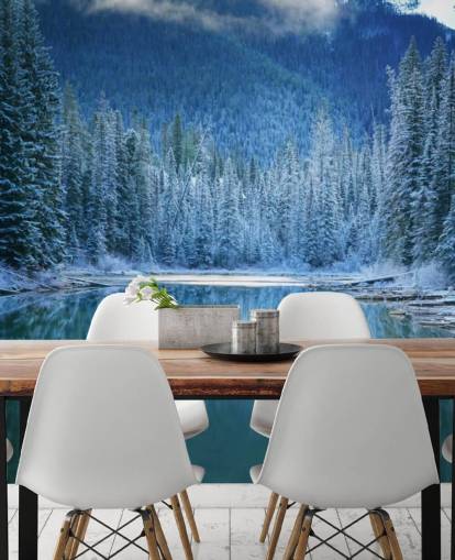 snowy forest by lake wallpaper snowy forest by lake wallpaper