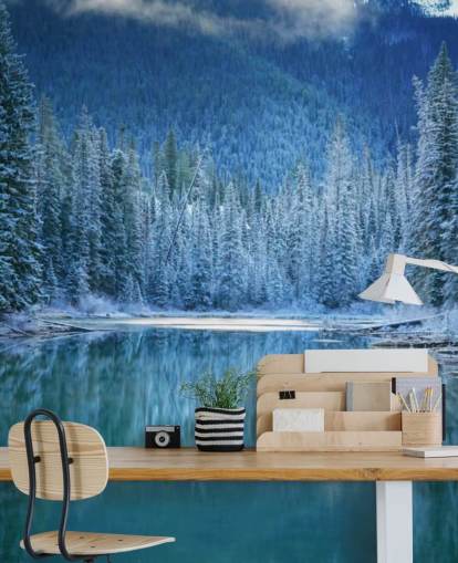 snowy forest by lake wallpaper
