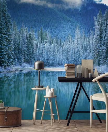 fondo de pantalla de bosque nevado por lago