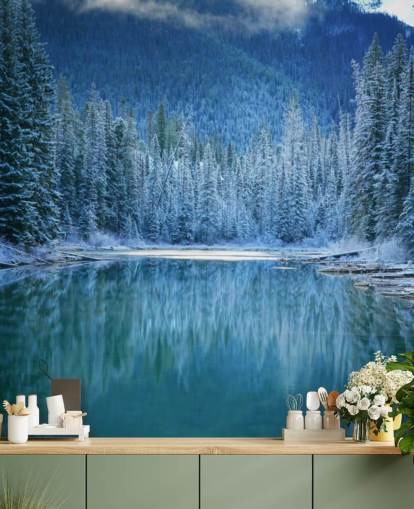 snowy forest by lake wallpaper snowy forest by lake wallpaper