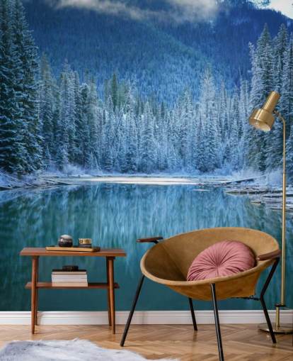 snowy forest by lake wallpaper