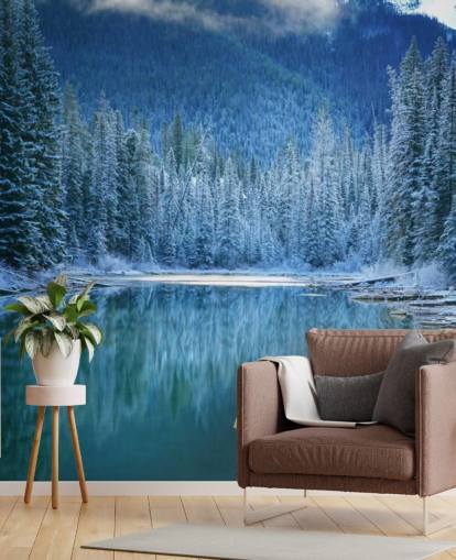 snowy forest by lake wallpaper