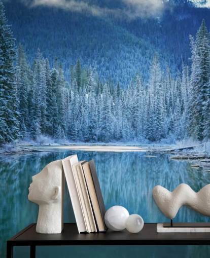 papier peint forêt enneigée au bord du lac papier peint forêt enneigée au bord du lac