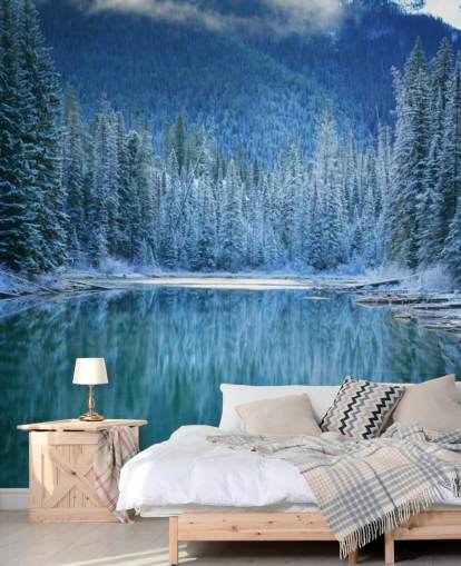 snowy forest by lake wallpaper