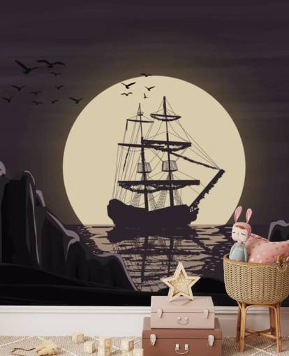 donker piratenschip's nachts behang