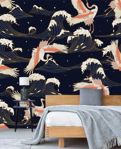 pink and white cranes with dark navy background wallpaper pink and white cranes with dark navy background wallpaper