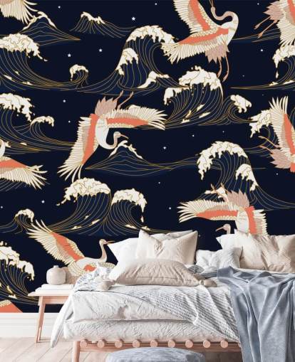 pink and white cranes with dark navy background wallpaper