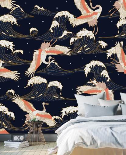 pink and white cranes with dark navy background wallpaper