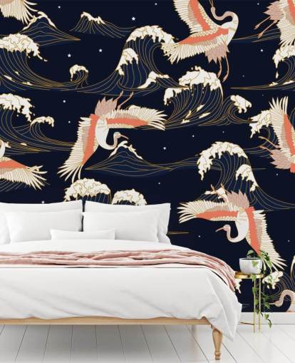 pink and white cranes with dark navy background wallpaper