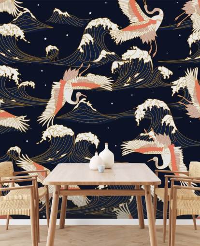 grullas rosadas y blancas con fondo azul marino oscuro