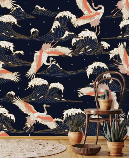 pink and white cranes with dark navy background wallpaper pink and white cranes with dark navy background wallpaper