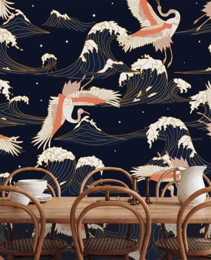 pink and white cranes with dark navy background wallpaper