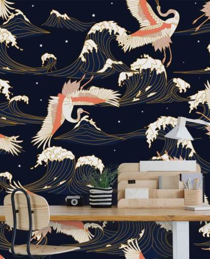 pink and white cranes with dark navy background wallpaper