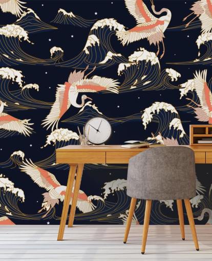 pink and white cranes with dark navy background wallpaper