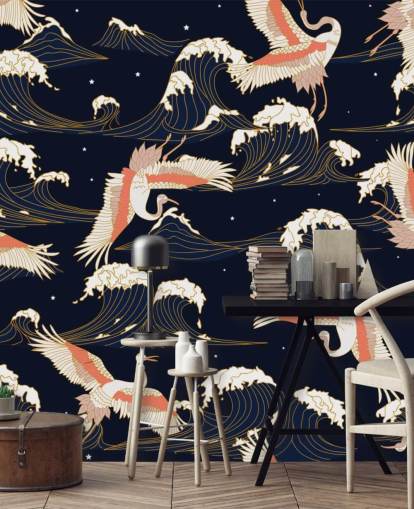 pink and white cranes with dark navy background wallpaper pink and white cranes with dark navy background wallpaper