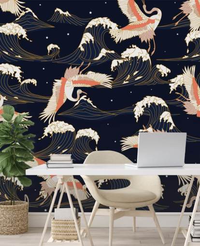 pink and white cranes with dark navy background wallpaper