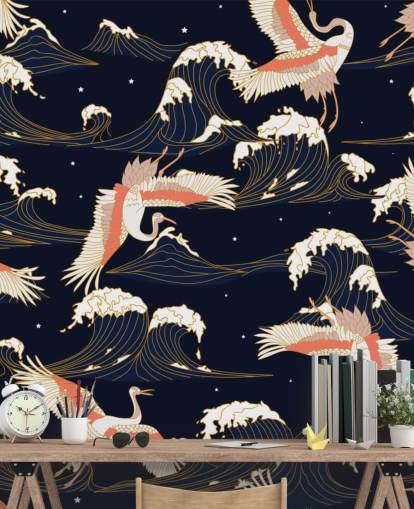 pink and white cranes with dark navy background wallpaper