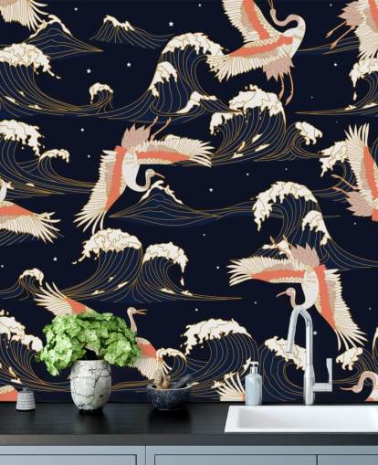 pink and white cranes with dark navy background wallpaper