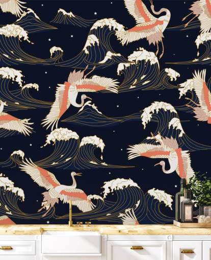 pink and white cranes with dark navy background wallpaper