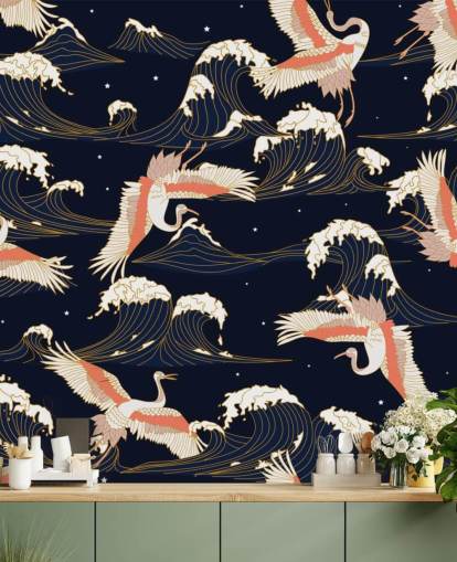 pink and white cranes with dark navy background wallpaper