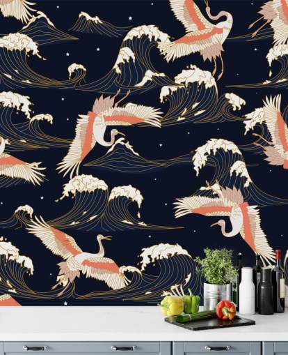 pink and white cranes with dark navy background wallpaper