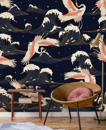 pink and white cranes with dark navy background wallpaper