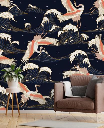 pink and white cranes with dark navy background wallpaper pink and white cranes with dark navy background wallpaper