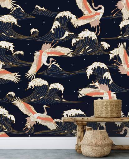 pink and white cranes with dark navy background wallpaper