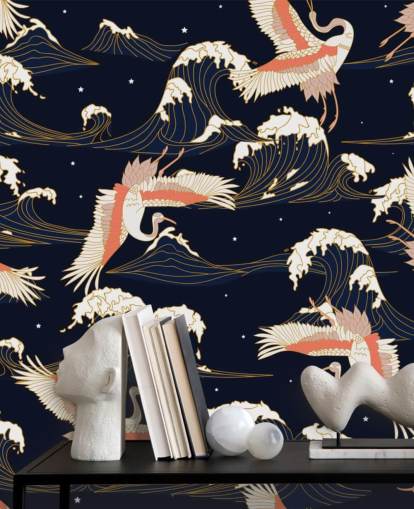 pink and white cranes with dark navy background wallpaper