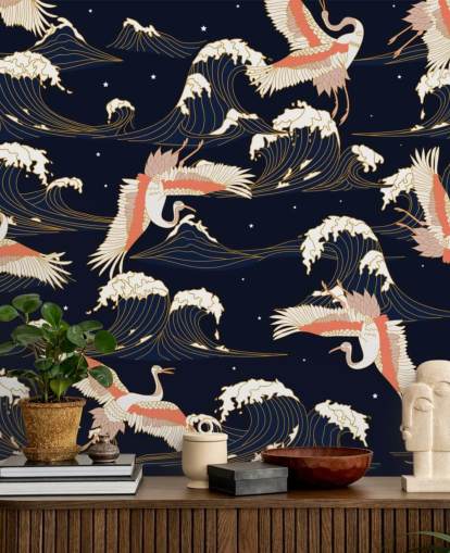 pink and white cranes with dark navy background wallpaper