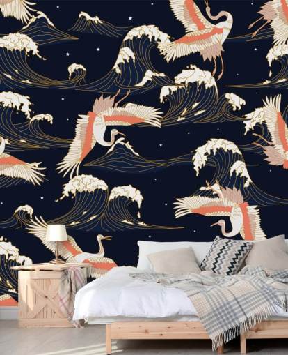 pink and white cranes with dark navy background wallpaper pink and white cranes with dark navy background wallpaper