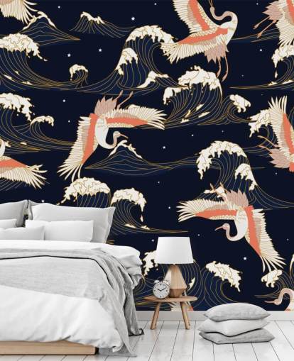 pink and white cranes with dark navy background wallpaper