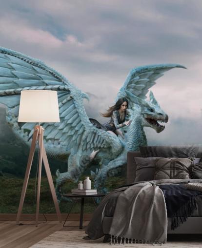 dragão azul sendo montado por uma mulher papel de parede