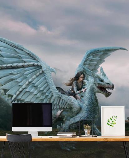 blauer Drache wird von einer Frau geritten Tapete