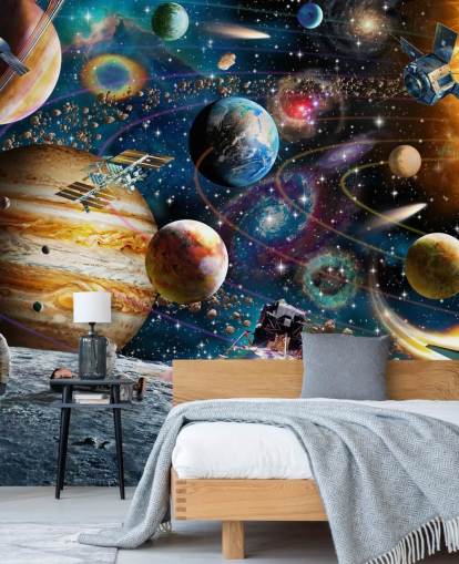 tilpasselig rumtapet vægmaleri kaldet Space Odyssey af Adrian Chesterman til barnets soveværelse