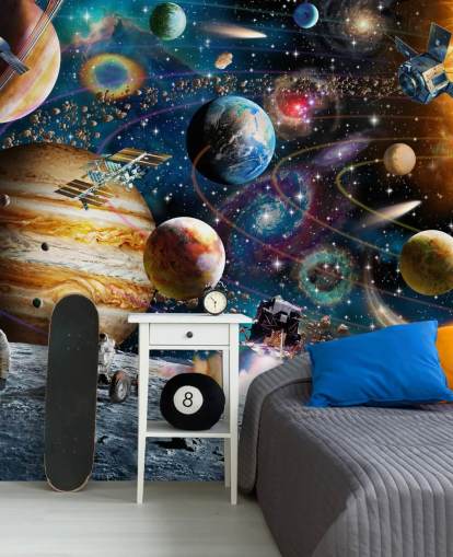 tilpasselig rumtapet vægmaleri kaldet Space Odyssey af Adrian Chesterman til barnets soveværelse