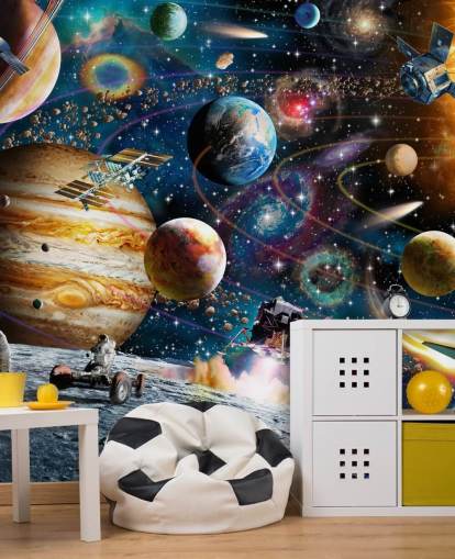 carta da parati spaziale personalizzabile chiamata Space Odyssey di Adrian Chesterman per la cameretta dei bambini