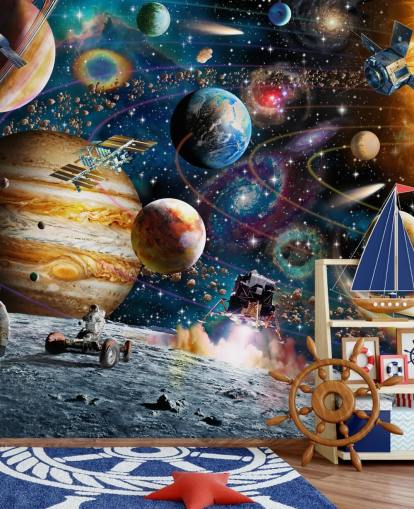 anpassningsbar rymdtapet väggmålning som heter Space Odyssey av Adrian Chesterman för barnets sovrum