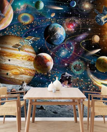 tilpassbart romtapetveggmaleri kalt Space Odyssey av Adrian Chesterman for barnets soverom