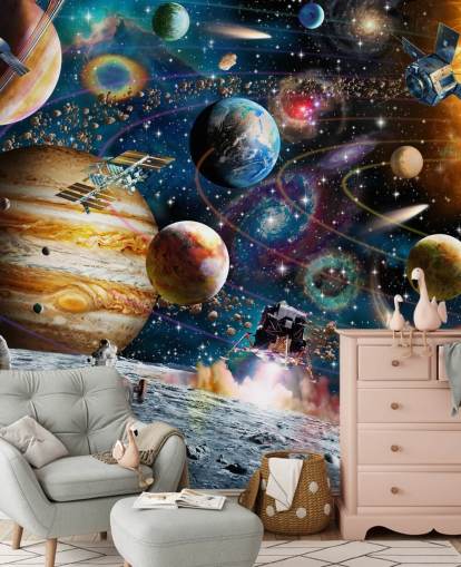 Personalisierbare Weltraumtapete namens Space Odyssey von Adrian Chesterman für das Kinderzimmer