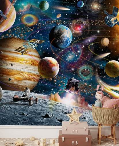 carta da parati spaziale personalizzabile chiamata Space Odyssey di Adrian Chesterman per la cameretta dei bambini