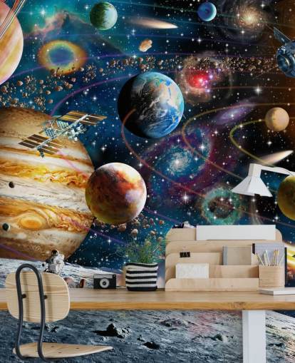 aanpasbare ruimtebehangmuurschildering genaamd Space Odyssey van Adrian Chesterman voor de kinderkamer