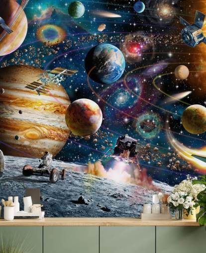 mural de papel pintado espacial personalizable llamado Space Odyssey de Adrian Chesterman para dormitorio infantil