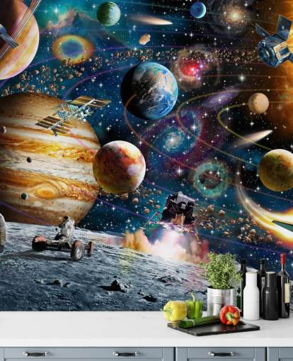 anpassningsbar rymdtapet väggmålning som heter Space Odyssey av Adrian Chesterman för barnets sovrum anpassningsbar rymdtapet väggmålning som heter Space Odyssey av Adrian Chesterman för barnets sovrum